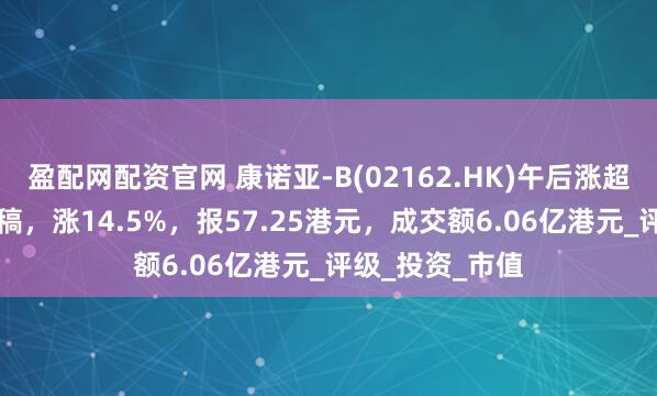 盈配网配资官网 康诺亚-B(02162.HK)午后涨超15%，截至发稿，涨14.5%，报57.25港元，成交额6.06亿港元_评级_投资_市值